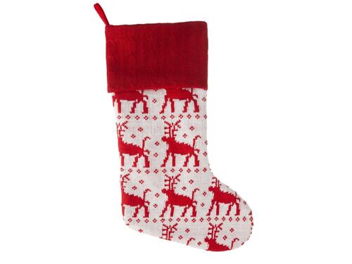 Vianočná dekorácia - Pletená ponožka s červeným sobím vzorom